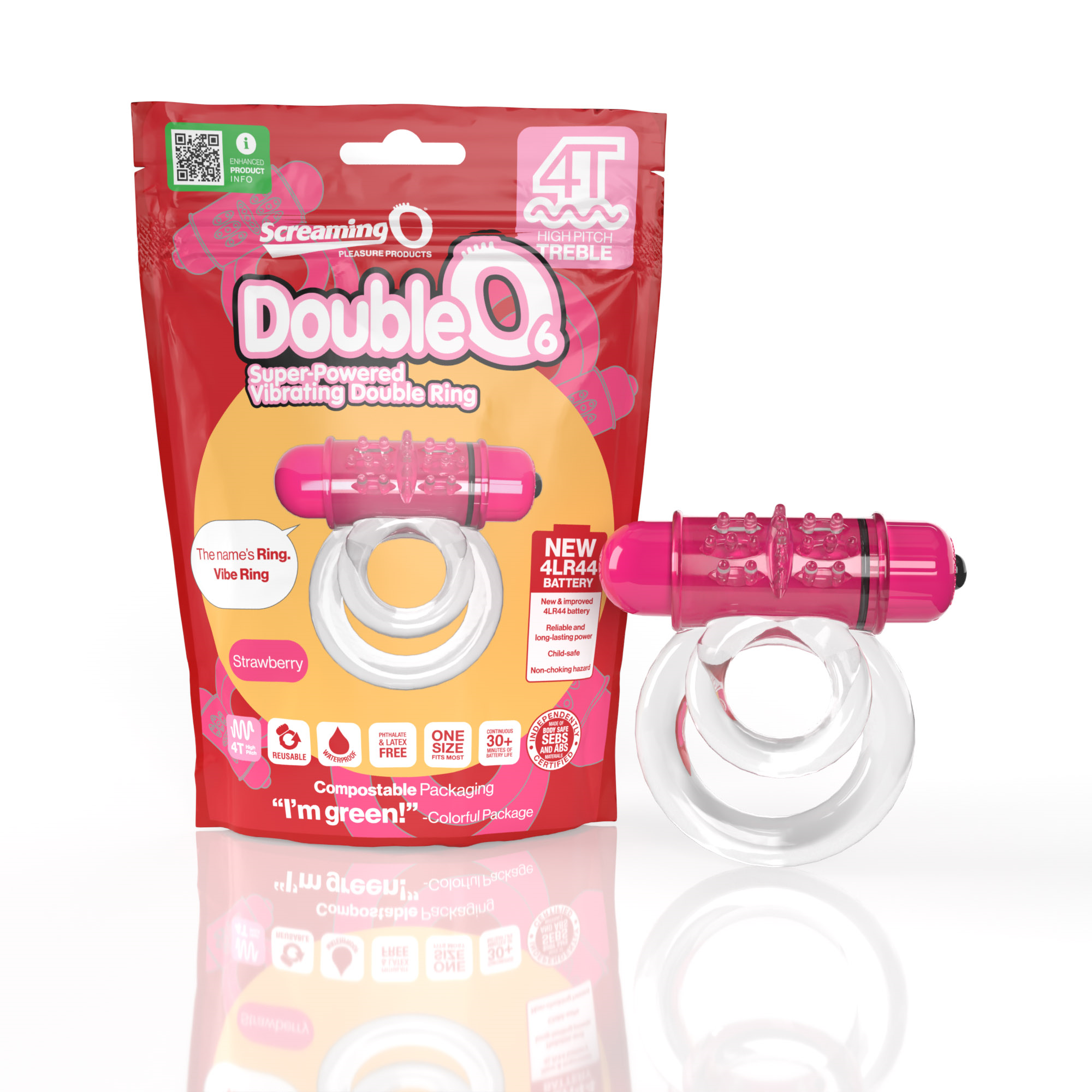 Screaming O 4t DoubleO 6 Super Powered Vibrating Double Ring- Strawberry - Club X